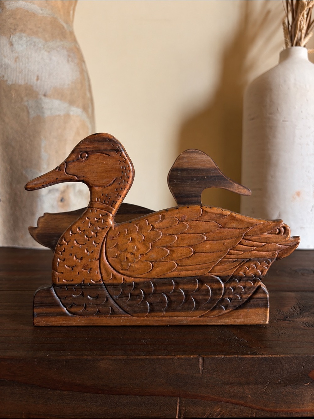 1970’s Vintage Carved Wood Duck Napkin, Letter or Book Holder